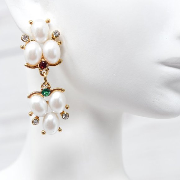 1.75" Drop Dangle Pearl Red/Green Earrings - Picture 5 of 12